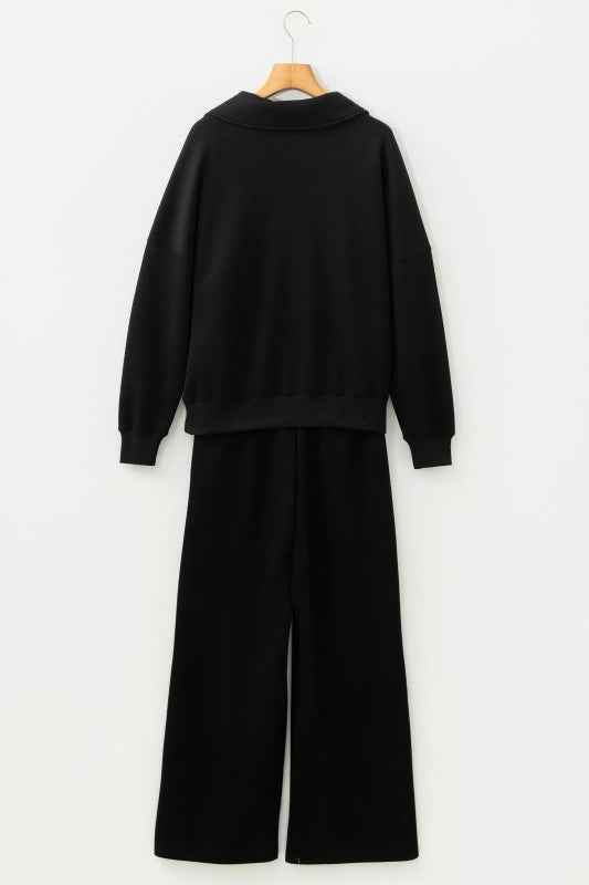 Solid Collared V-Neck Sweatshirt & Sweatpants Set