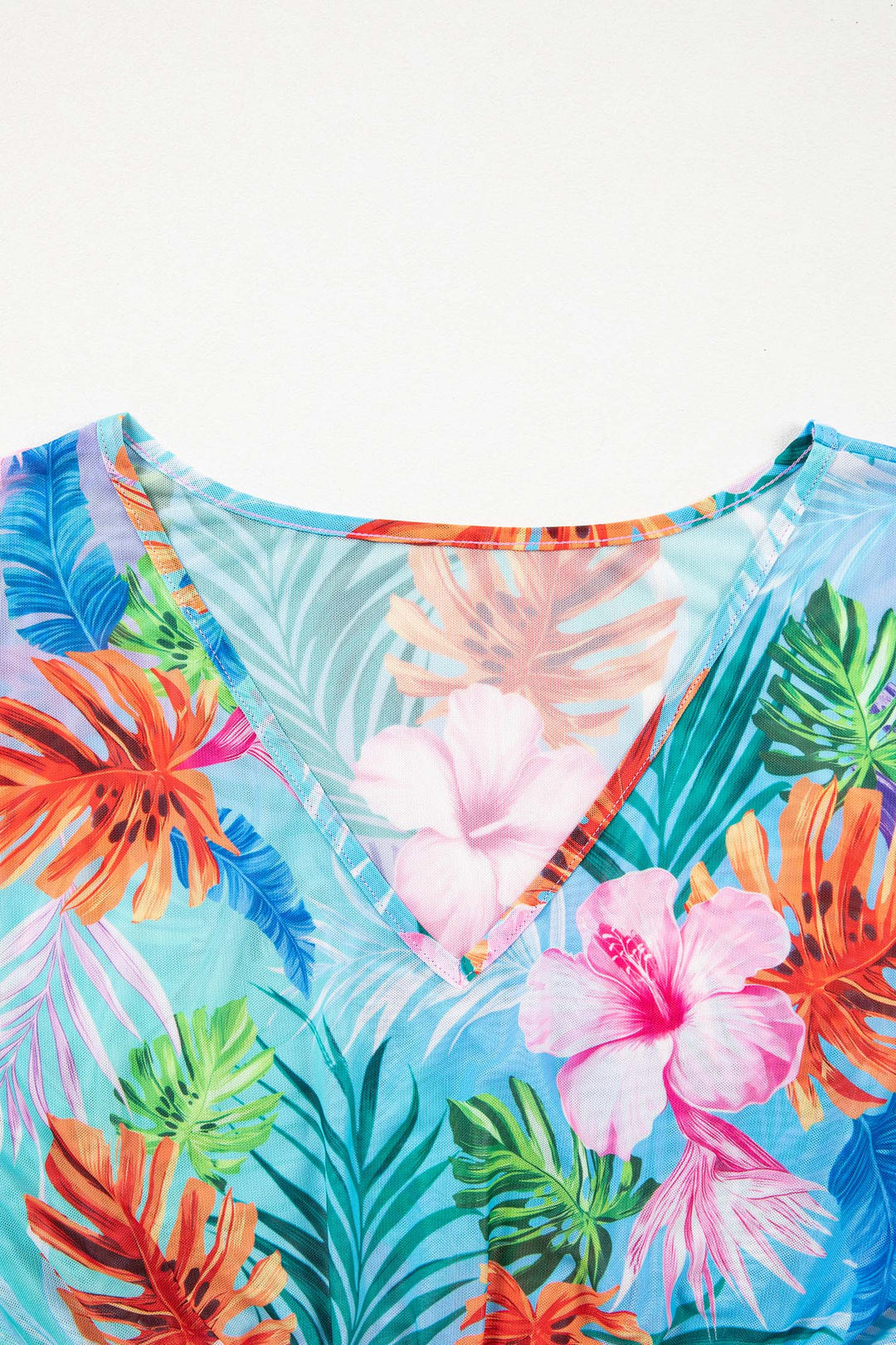 Sky Blue Tropical Print V Neck Semi Sheer Beach Cover Up Dress Dear-Lover Dropshipping