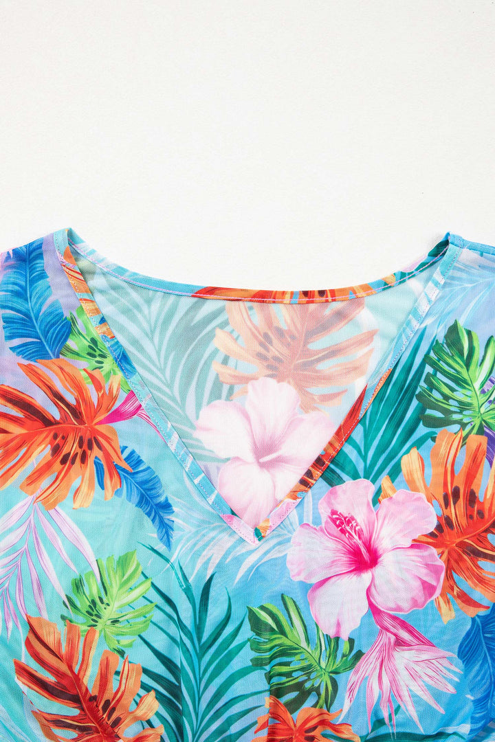Sky Blue Tropical Print V Neck Semi Sheer Beach Cover Up Dress Dear-Lover Dropshipping