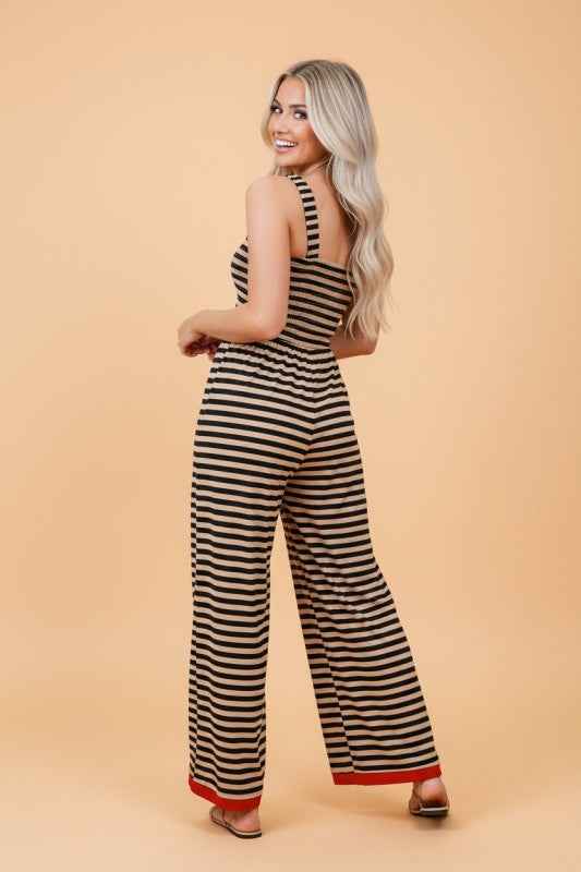 Stripe Square Neck Shirred Wide Leg Jumpsuit