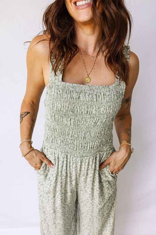 Floral Smocked Square Neck Sleeveless Jumpsuit