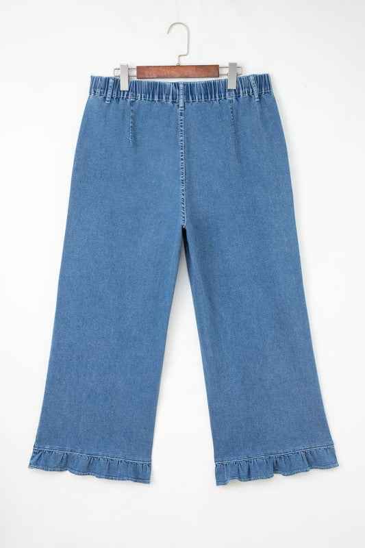 Plus Size Denim Elastic Waist Wide Leg Pants