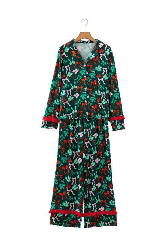 Bow Button-Up Top and Pants Pajama Set