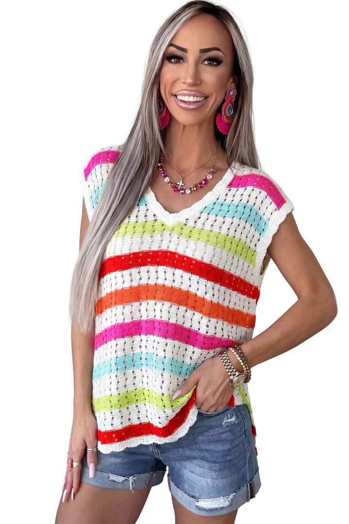 Multicolour Striped Eyelet Knit V Neck Sweater Tee Dear-Lover Dropshipping