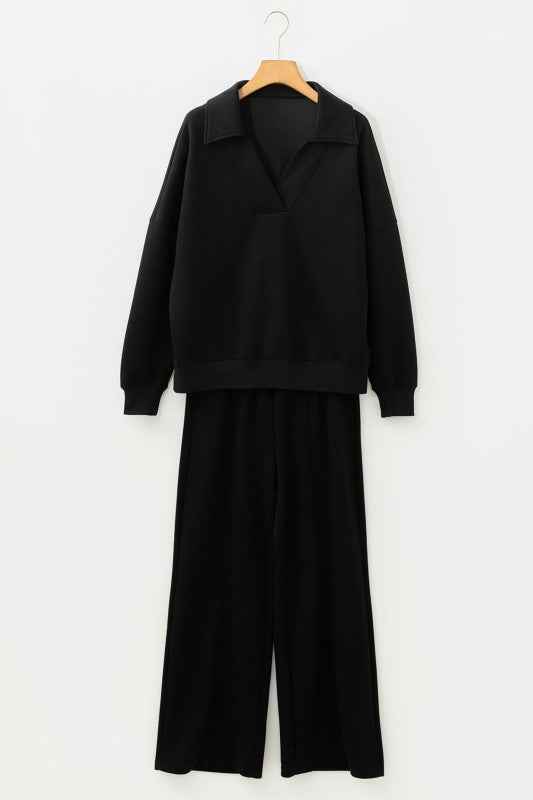 Solid Collared V-Neck Sweatshirt & Sweatpants Set