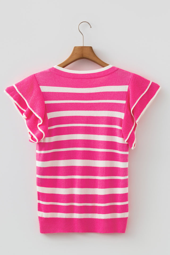 Rose Stripe Double Ruffle Short Sleeve Lightweight Knit Sweater Dear-Lover Dropshipping