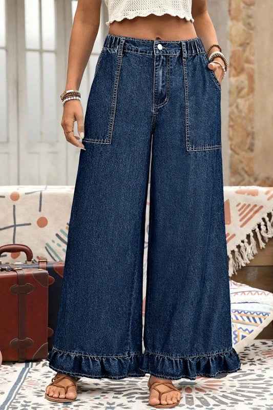 Plus Size Denim Elastic Waist Wide Leg Pants