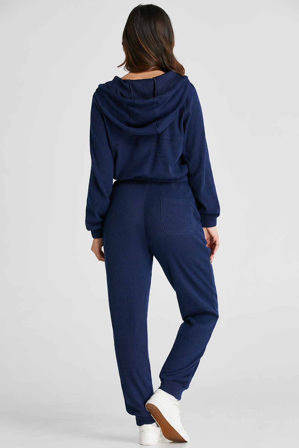 Navy Blue Ribbed Knit Cropped Hoodie and Drawstring Joggers Set Dear-Lover Dropshipping