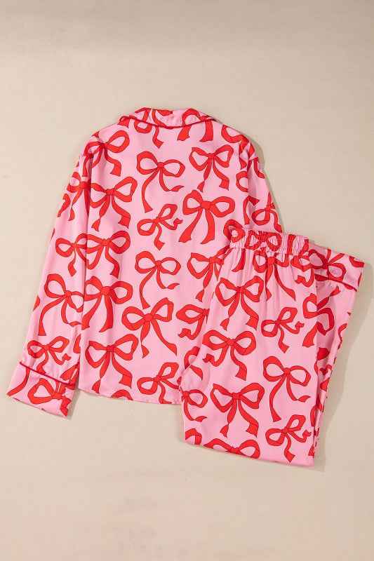 Bow Long Sleeve Top and Pants Pajama Set