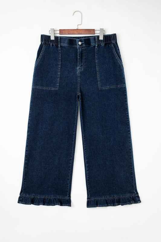 Plus Size Denim Elastic Waist Wide Leg Pants