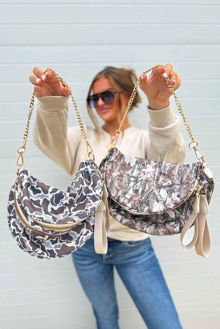 White Camouflage Print Gold Chain Strap Double Zipper Crossbody Bag