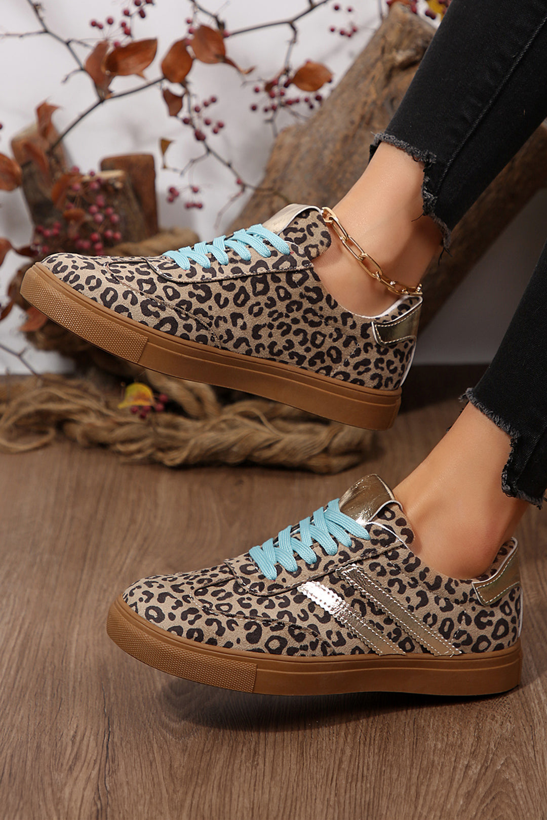 Coffee Faux Suede Leopard Print Sleek PU Leather Detail Lace Up Sneakers Dear-Lover Dropshipping