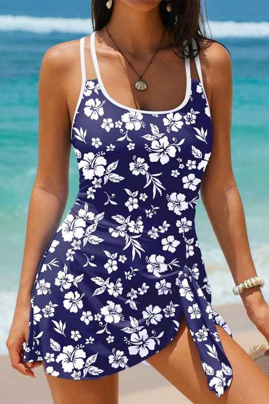 Floral Crossed Back Asymmetric Wrap Side Swimsuit