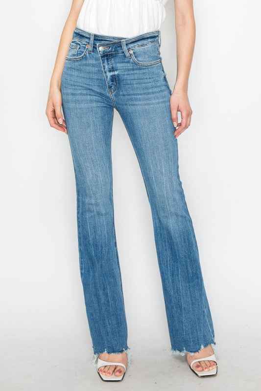 AT1098FLM - HIGH RISE CROSSOVER WAIST FLARE JEANS