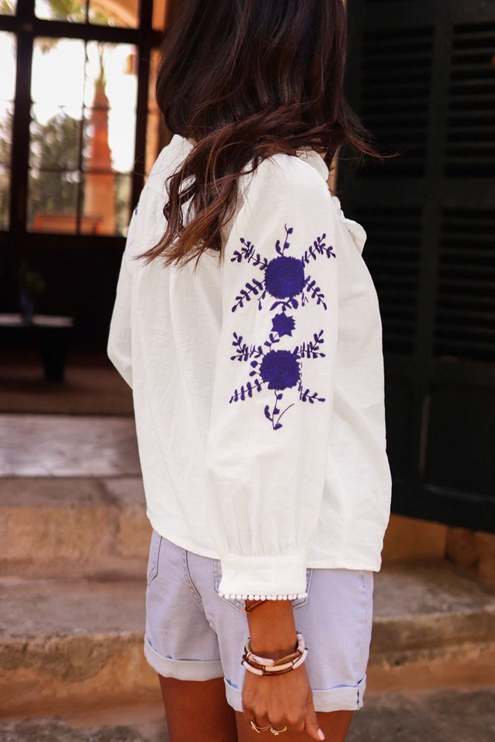 White Floral Embroidered Bracelet Sleeve Shirt Dear-Lover Dropshipping