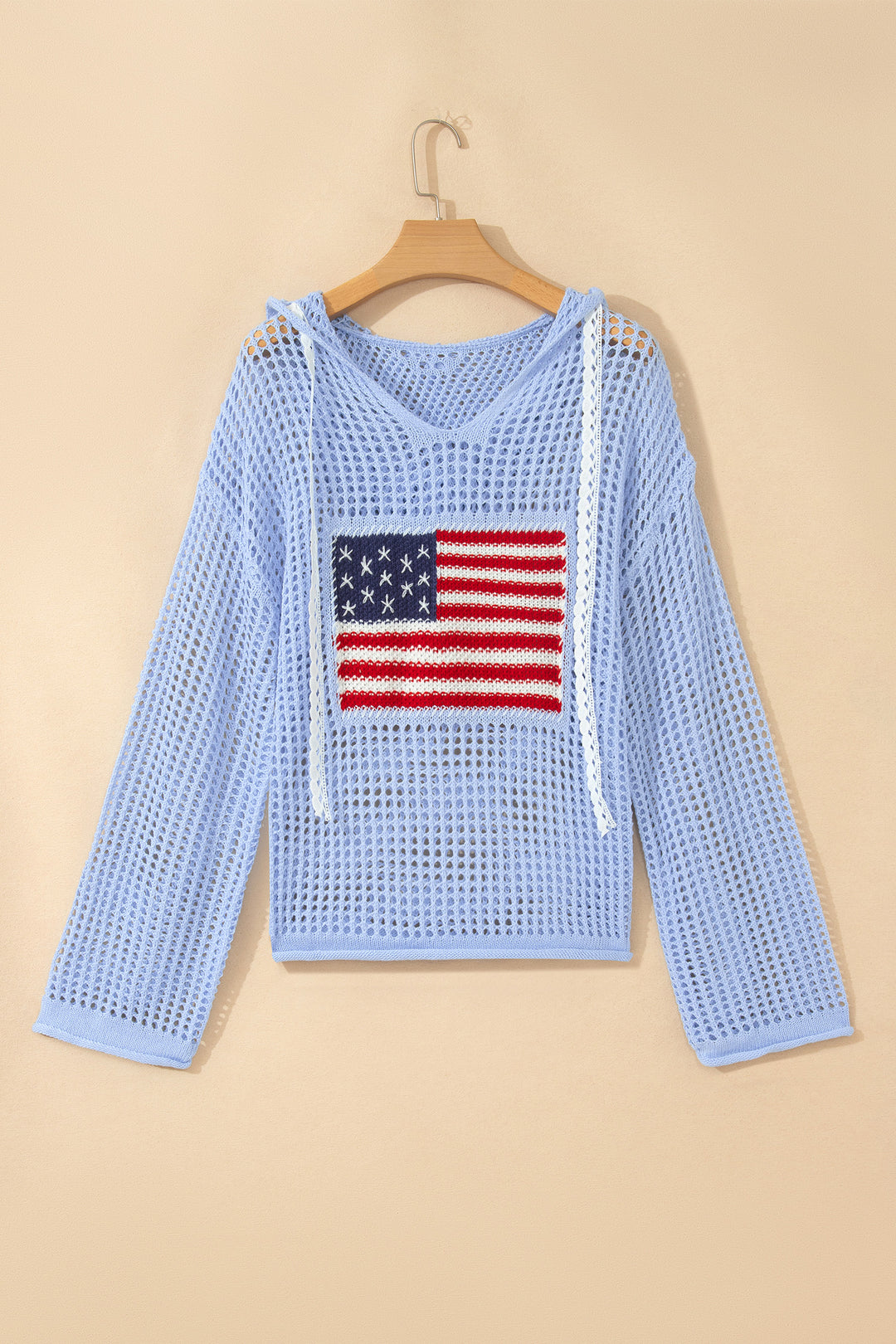 Beau Blue Hollow Out Crochet Knit American Flag Patched Sweater Hoodie Dear-Lover Dropshipping