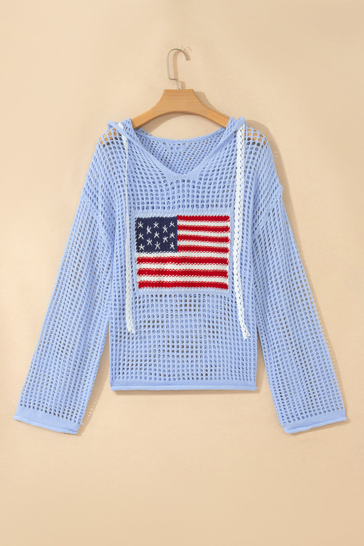 Beau Blue Hollow Out Crochet Knit American Flag Patched Sweater Hoodie Dear-Lover Dropshipping