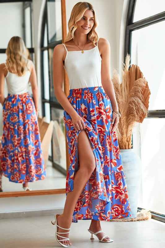 Boho Floral Tiered Side Slit Maxi Skirt