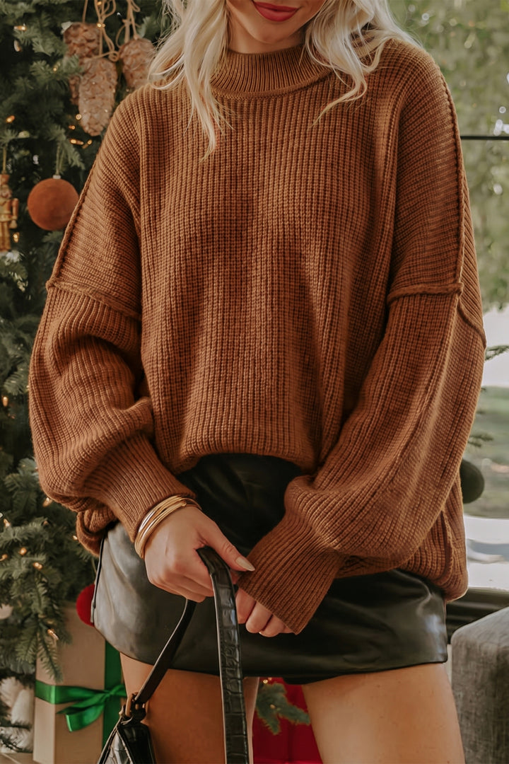 Chestnut Solid Color Mock Neck Oversized Tunic Sweater Dear-Lover Dropshipping
