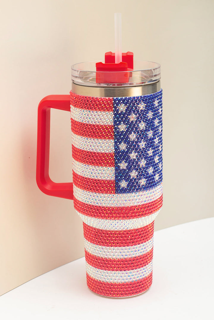 Red Rhinestone American Flag Print Handled 40oz Thermos Tumbler Dear-Lover Dropshipping