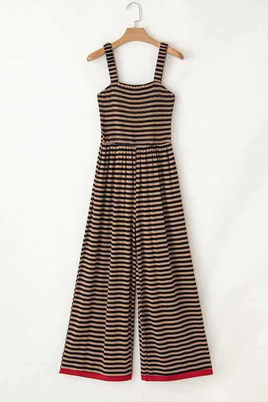 Stripe Square Neck Shirred Wide Leg Jumpsuit