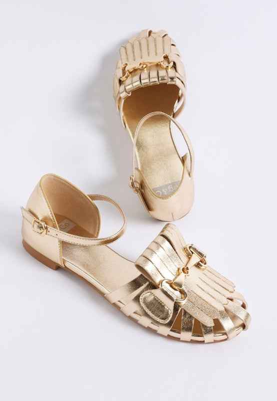Noori Metallic Fringe Flat Sandals