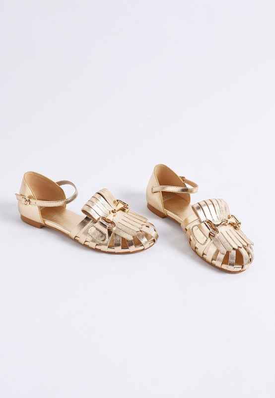 Noori Metallic Fringe Flat Sandals