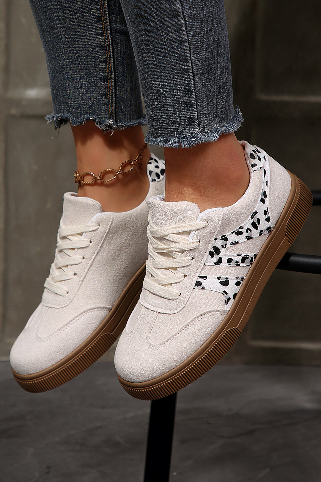 White Suede Leopard Color Block Trim Lace-up Casual Shoes Dear-Lover Dropshipping
