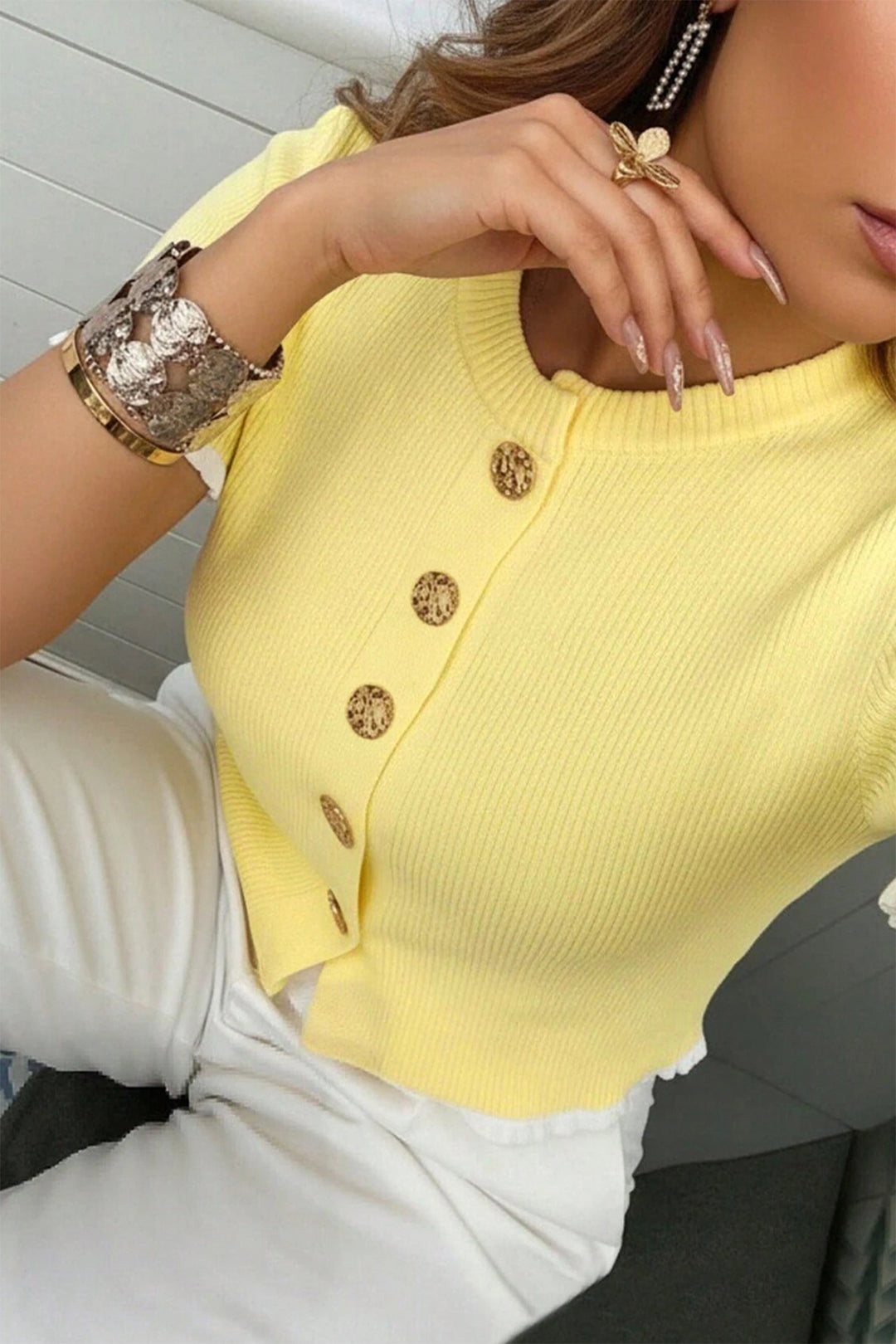 Yellow Cream Ribbed Knit Contrast Frilled Short Sleeve Sweater Cardigan Dear-Lover Dropshipping