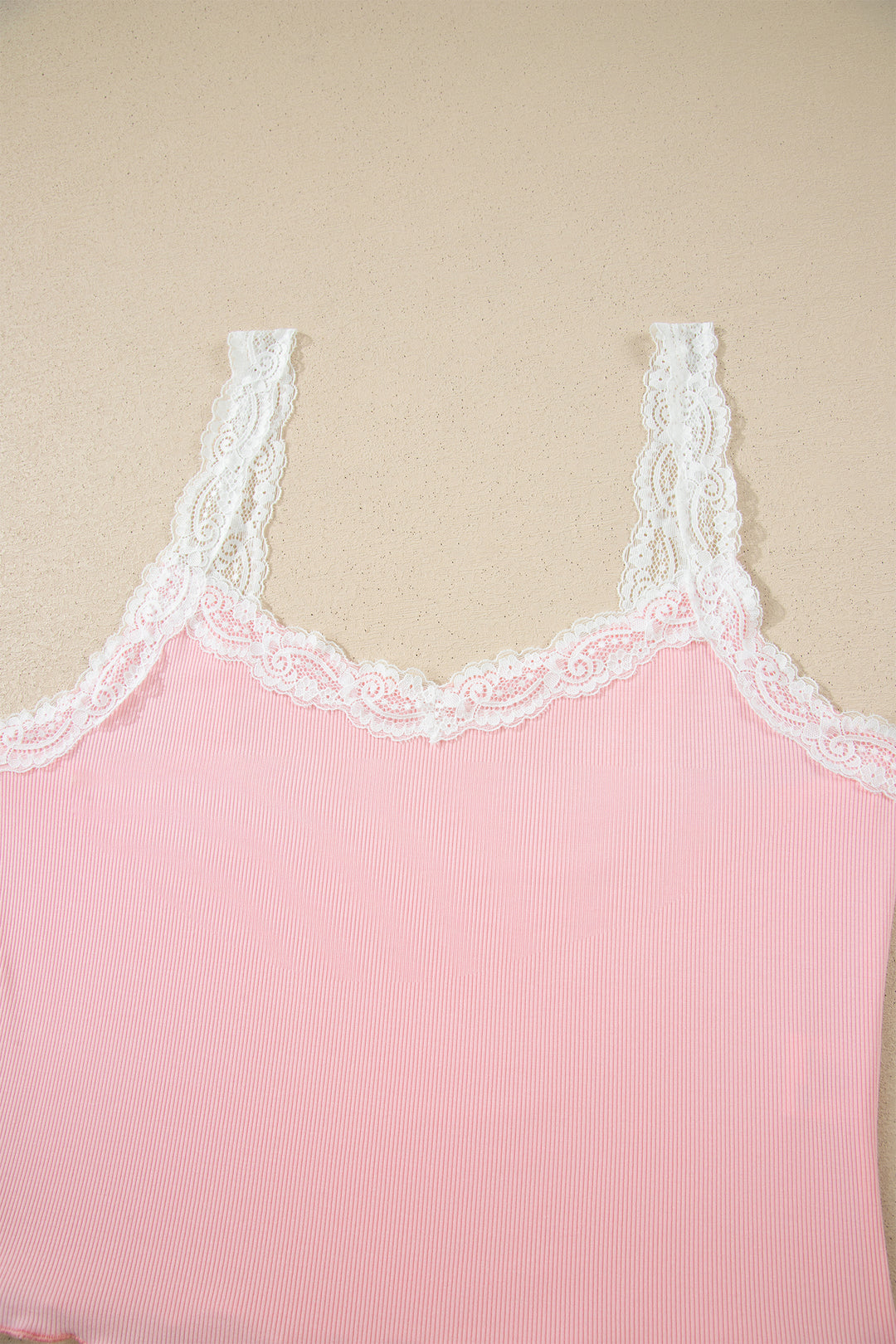 Pink Ribbed Knit Lace Straps Patchwork Lettuce Hem Cropped Top Floral Short Lounge Set Dear-Lover Dropshipping