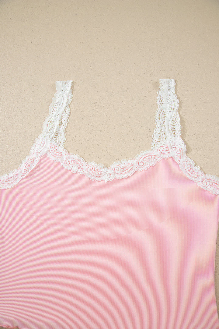 Pink Ribbed Knit Lace Straps Patchwork Lettuce Hem Cropped Top Floral Short Lounge Set Dear-Lover Dropshipping