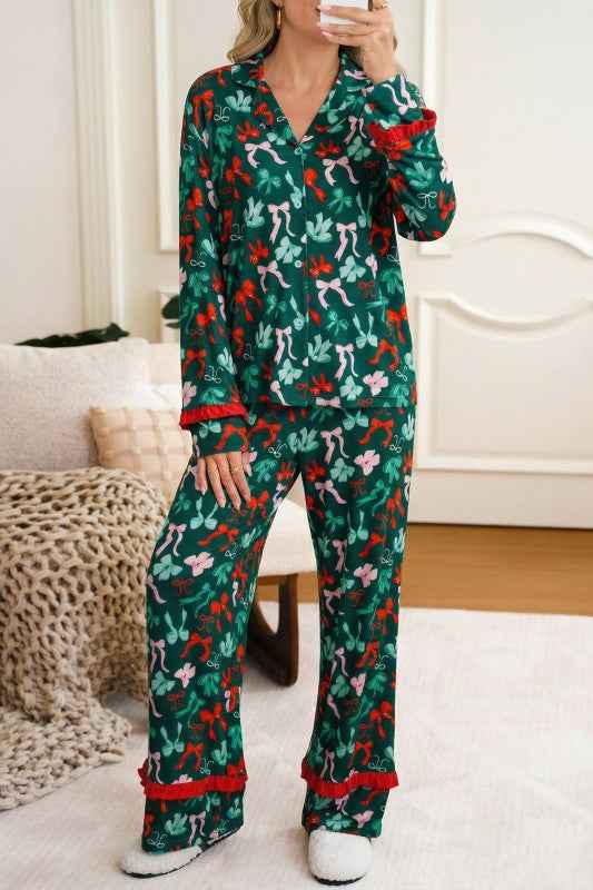 Bow Button-Up Top and Pants Pajama Set