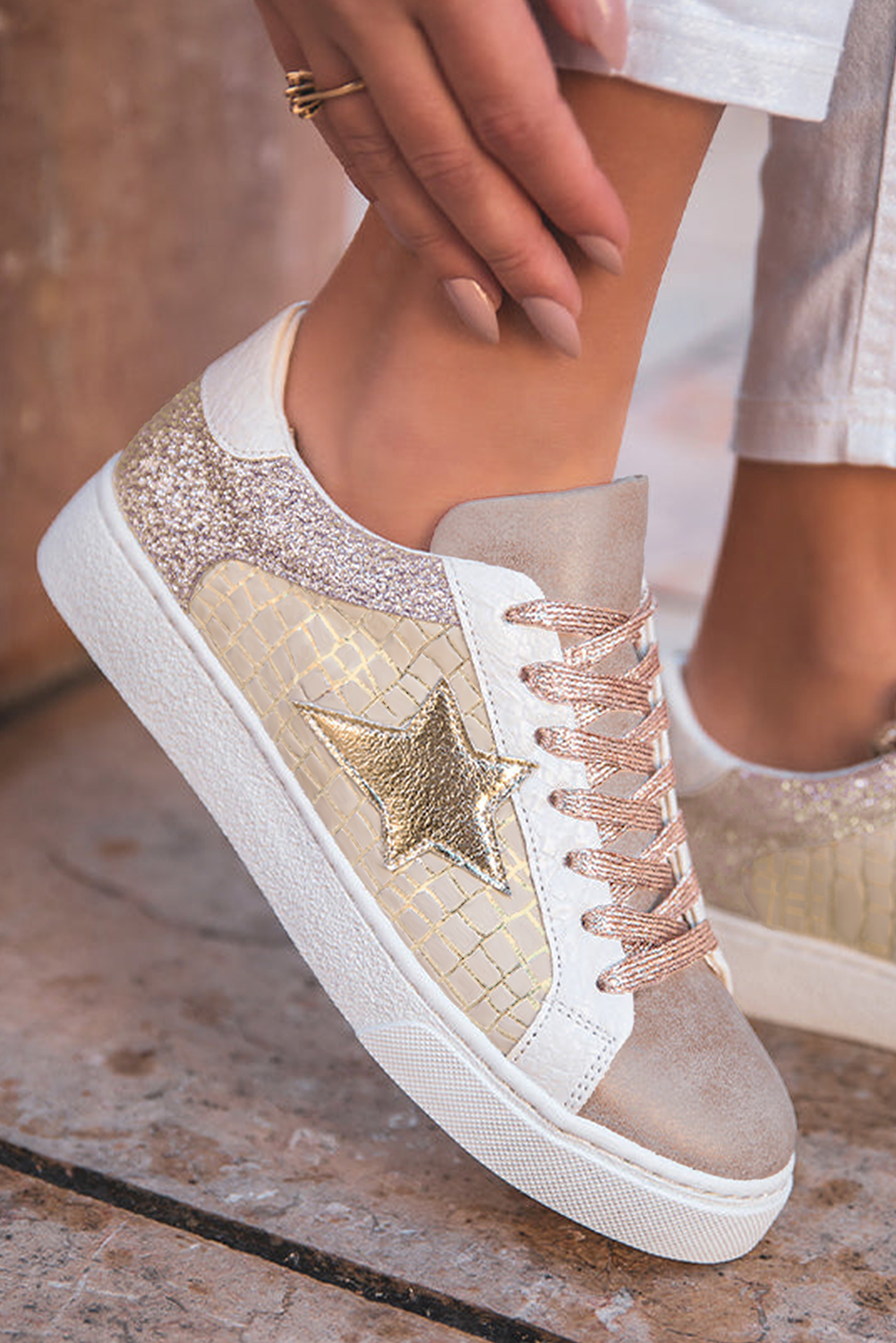 Dearlove Gold Glitter Star Patchwork PU Leather Lace-up Sneakers Dear-Lover Dropshipping