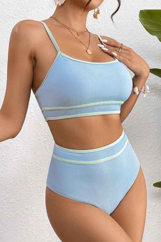 Ribbed Contrast Trim Spaghetti Strap Bikini Set