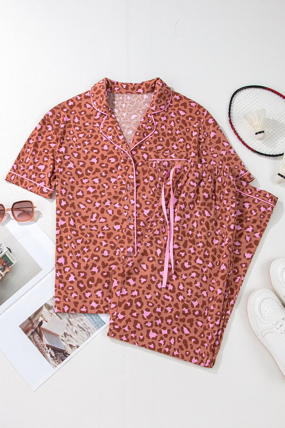 Brown Leopard Print Short Sleeve Shirt and Pants Pajamas Set Dear-Lover Dropshipping