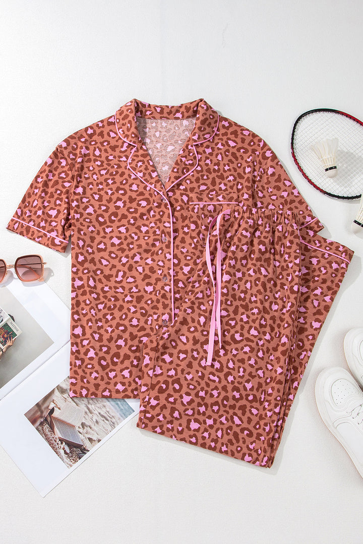 Brown Leopard Print Short Sleeve Shirt and Pants Pajamas Set Dear-Lover Dropshipping