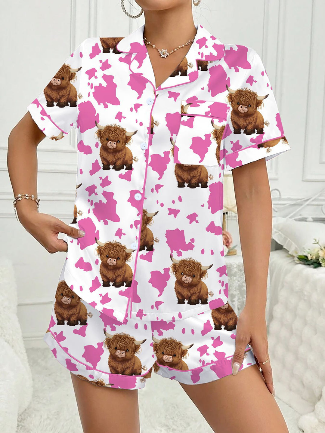 Brown Highlands Cow Flip Collar Loose Milk Silk Short Sleeve Shorts Women's Pajamas Loungewear eprolo
