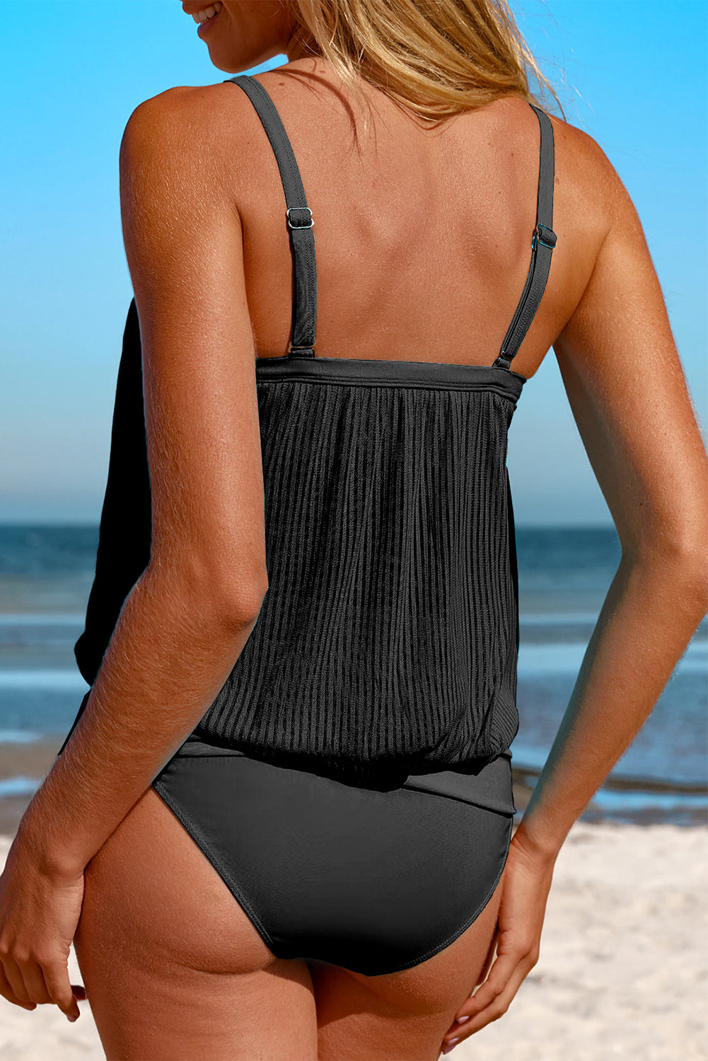 Black Striped Mesh Knotted Hem Tankini Swimsuit Dear-Lover Dropshipping
