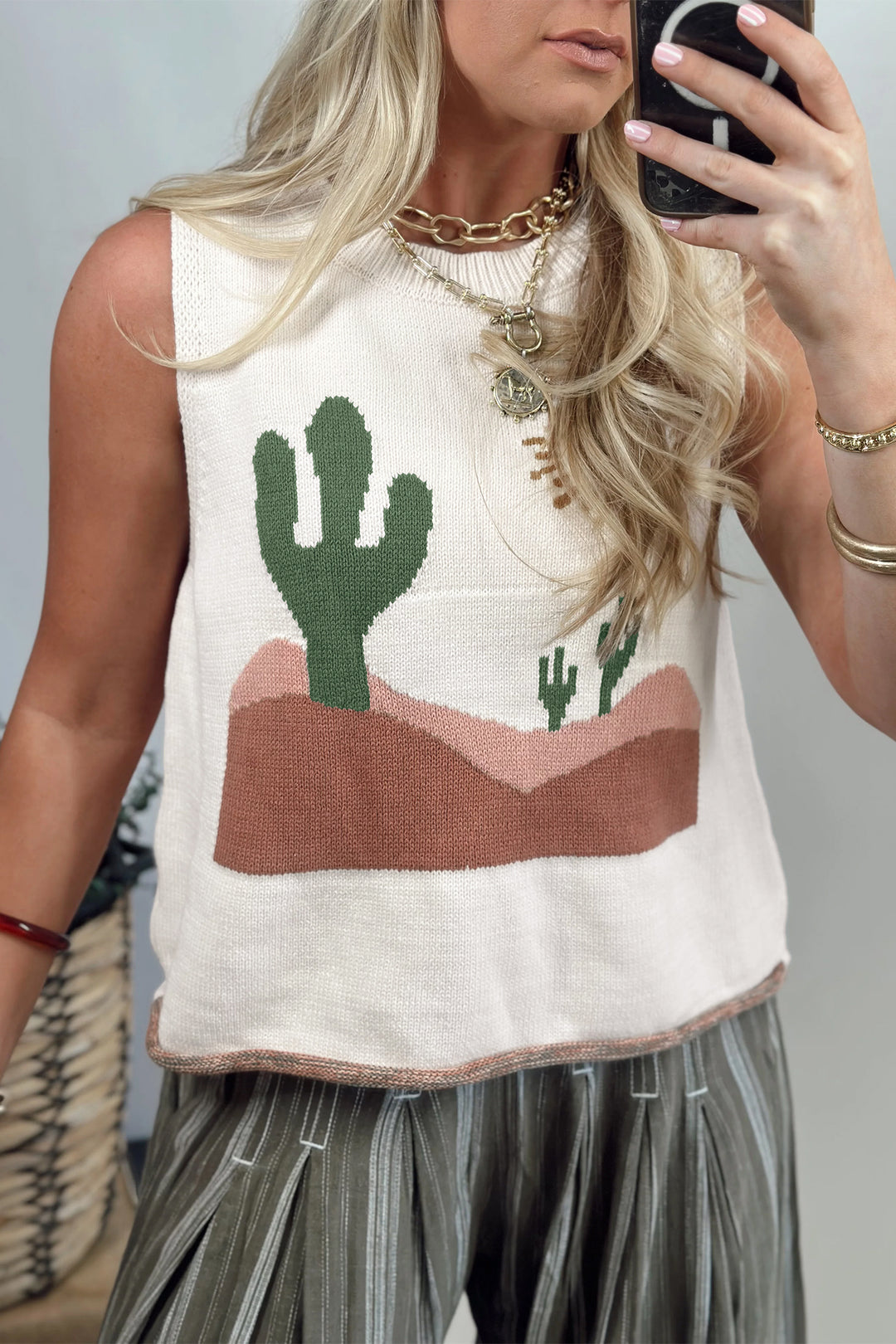 Multicolour Cactus Western Oasis Loose Sweater Vest Dear-Lover Dropshipping