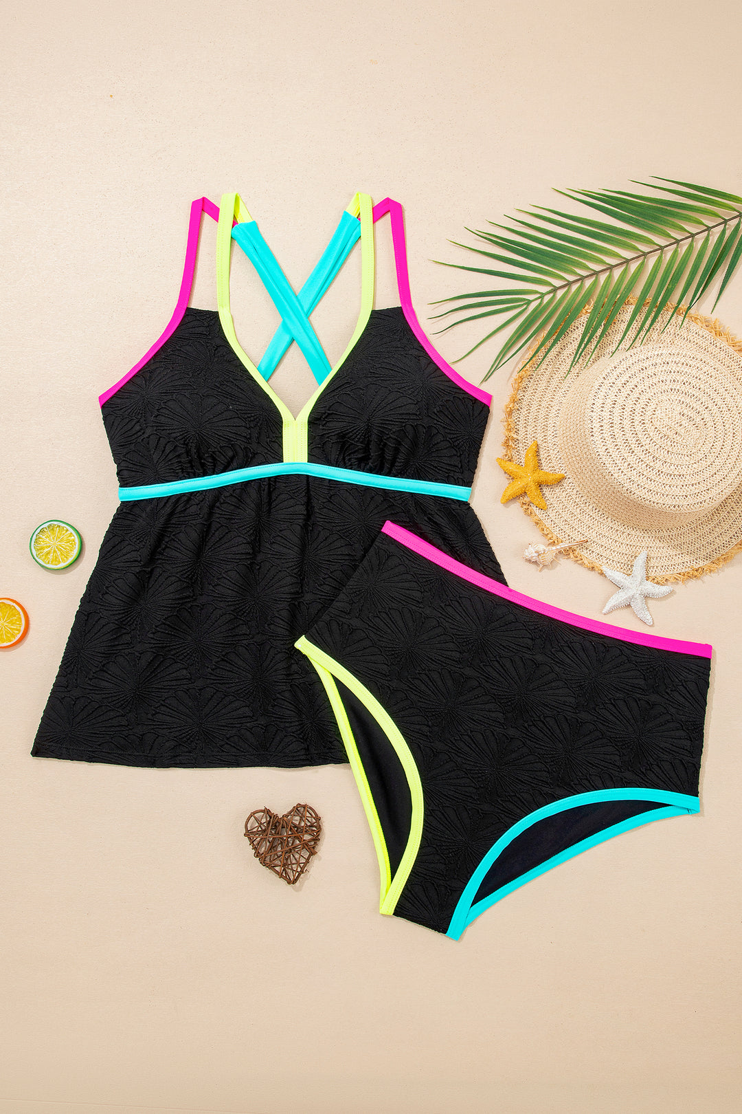 Black Floral Textured Neon Trim V Neck Crisscross Backless Tankini Set Dear-Lover Dropshipping