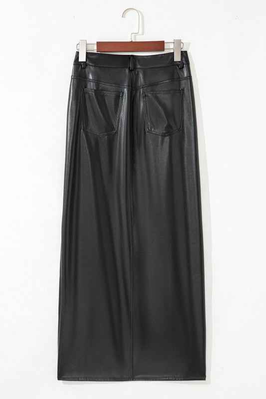 Solid Faux Leather Side Slit Maxi Skirt