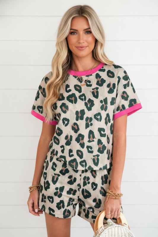 Leopard Contrast Trim Top & High Waist Shorts Set