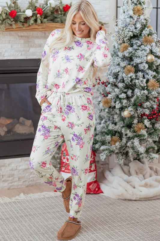 Floral Pullover and Drawstring Lounge Set