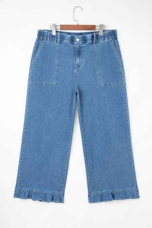 Plus Size Denim Elastic Waist Wide Leg Pants
