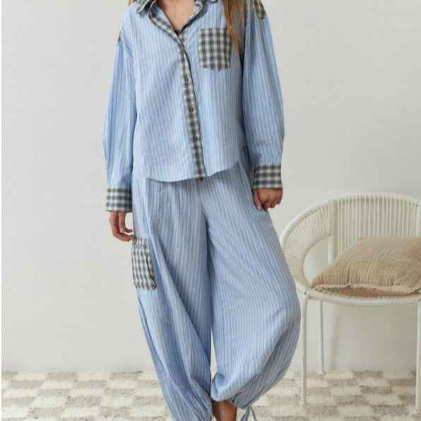 Women's casual home wear plaid shirt set pajamas long sleeved