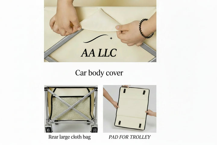 Beige car body cover set for a stroller or trolley, shown with hands demonstrating how to unfold and fit the cover over the frame. Includes a rear large cloth bag and a pad for trolley.