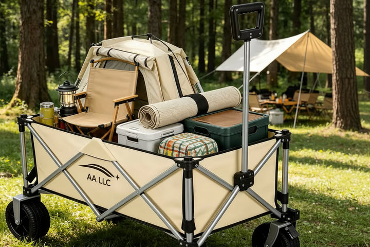 A beige and silver folding utility wagon loaded with camping gear, parked on grass in a wooded outdoor setting. The wagon has black wheels and a handle, and the brand name &