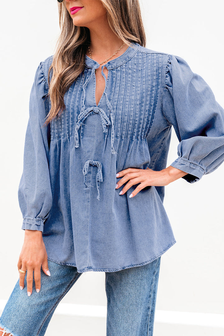 Myosotis Denim Front Pintuck Bow Tie Puff Sleeve Top Dear-Lover Dropshipping