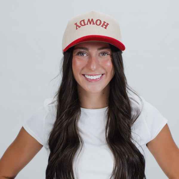 Embroidered Howdy Upside Down Arch Corduroy Trucker