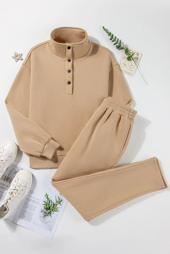 Parchment Solid Half Button Sweatshirt and High Waist Sweatpants Set Dear-Lover Dropshipping